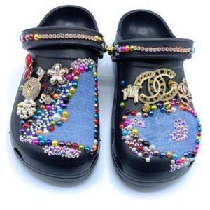 Customized Black Clogs with Colorful Beads and Denim Charms